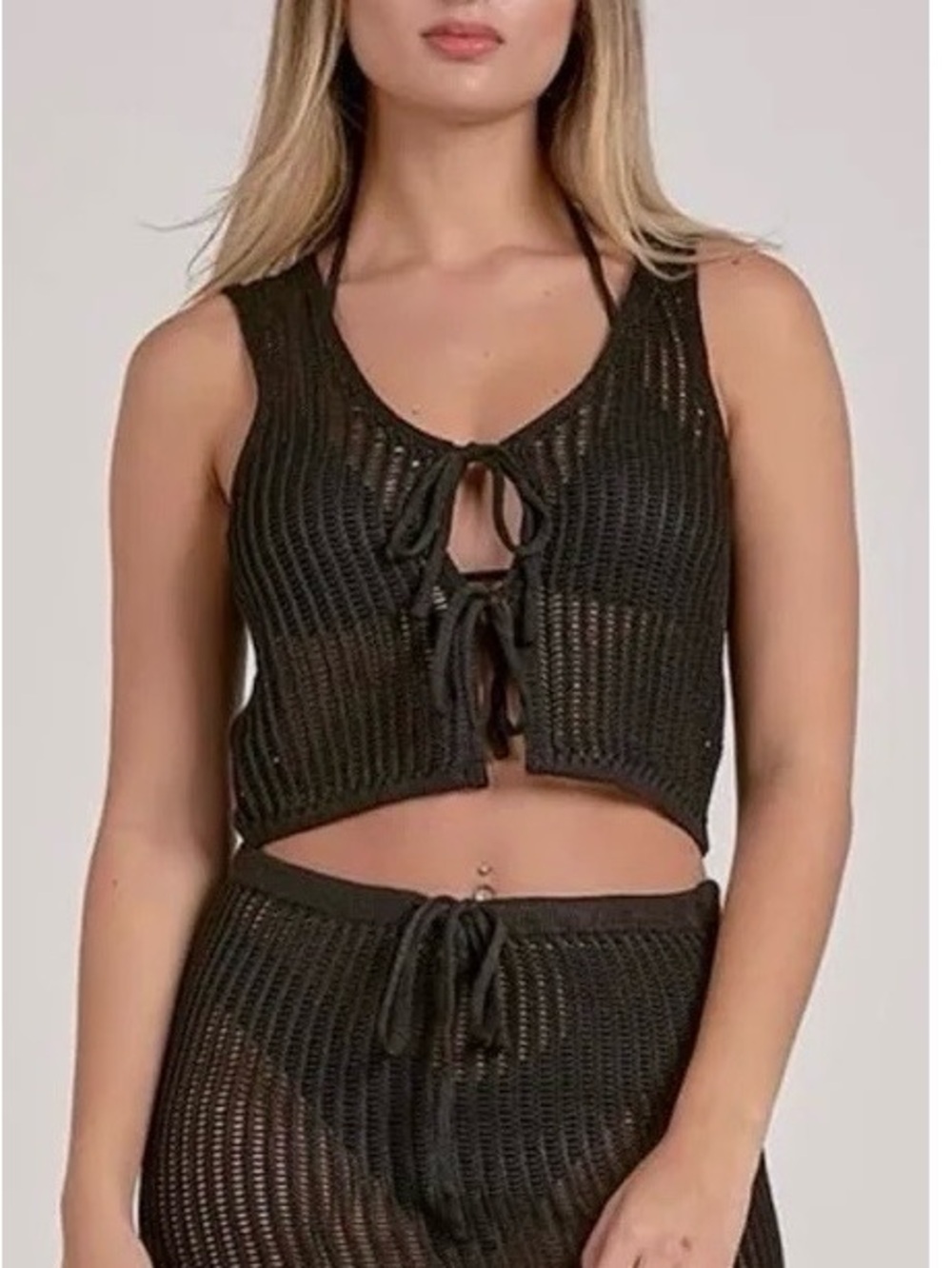 Black Crochet Tie-Front Cover-Up Top